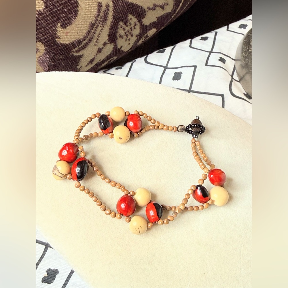 Handmade Natural Seed Bead Bracelet Red Black Tan Adjustable Boho Ethnic